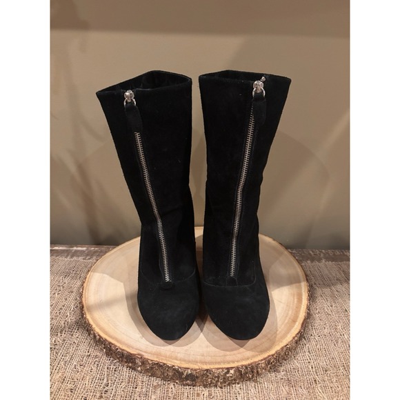Coach Black Suede Mid Heel Boots With  Zipper In Front And Coach Logo Size 10 - Picture 1 of 9